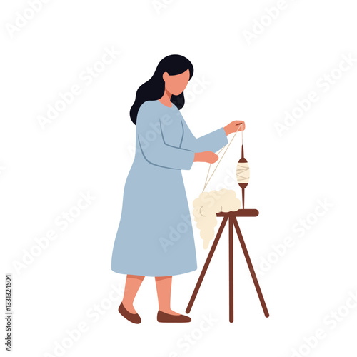 Woman in blue dress spinning yarn at a spinning wheel in flat vector art