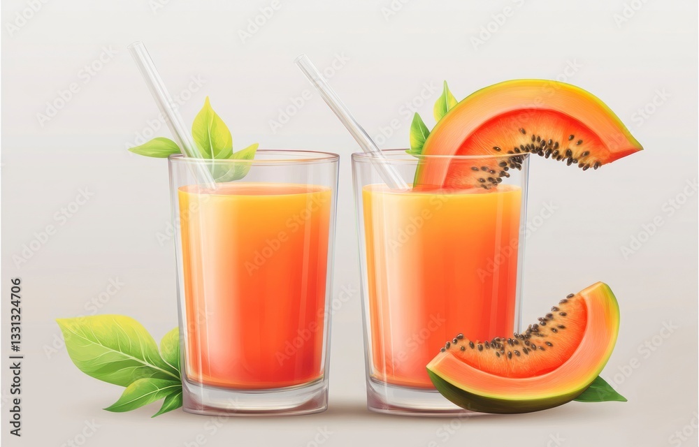 Fototapeta premium Refreshing Papaya Juice in Glass with Straw and Papaya Slice