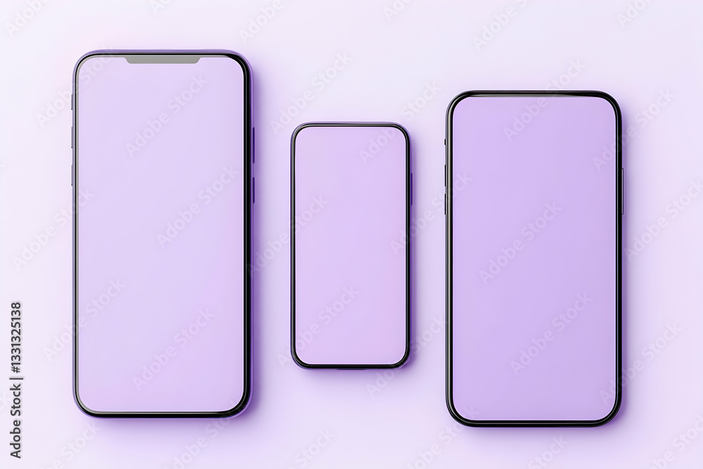 Three smartphones with blank lavender screens, arranged in size order on a lavender background Three smartphones with blank lavender screens, arranged in size order on a lavender background