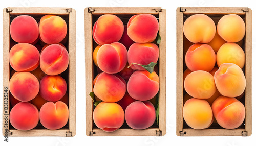 Three wooden crates overflowing with ripe, juicy peaches, showcasing variations in color and arrangement