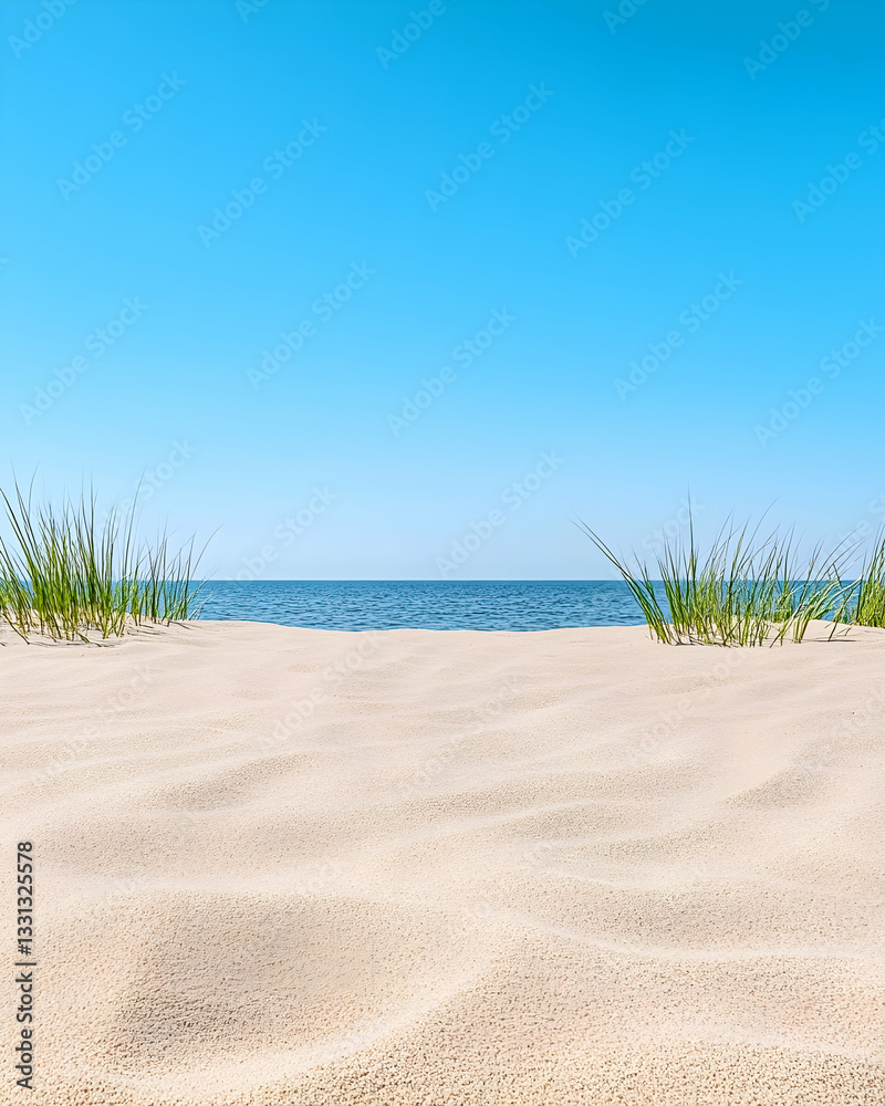 Tranquil beach scene sun-drenched sand, calm ocean, and seagrass Tranquil beach scene sun-drenched sand, calm ocean, and seagrass