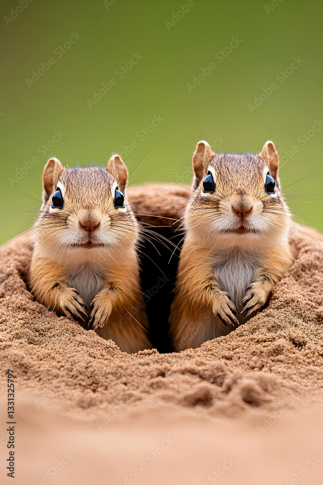 Fototapeta premium Two adorable chipmunks peering from their burrow