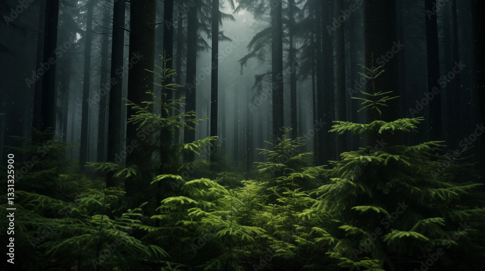 Fototapeta premium Misty Forest Evergreen Trees Foggy Woodland Path