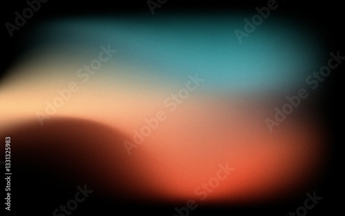 Grainy noisy gradient background, abstract vibrant color shape, glowing rainbow teal, orange, blue and black noise texture banner design