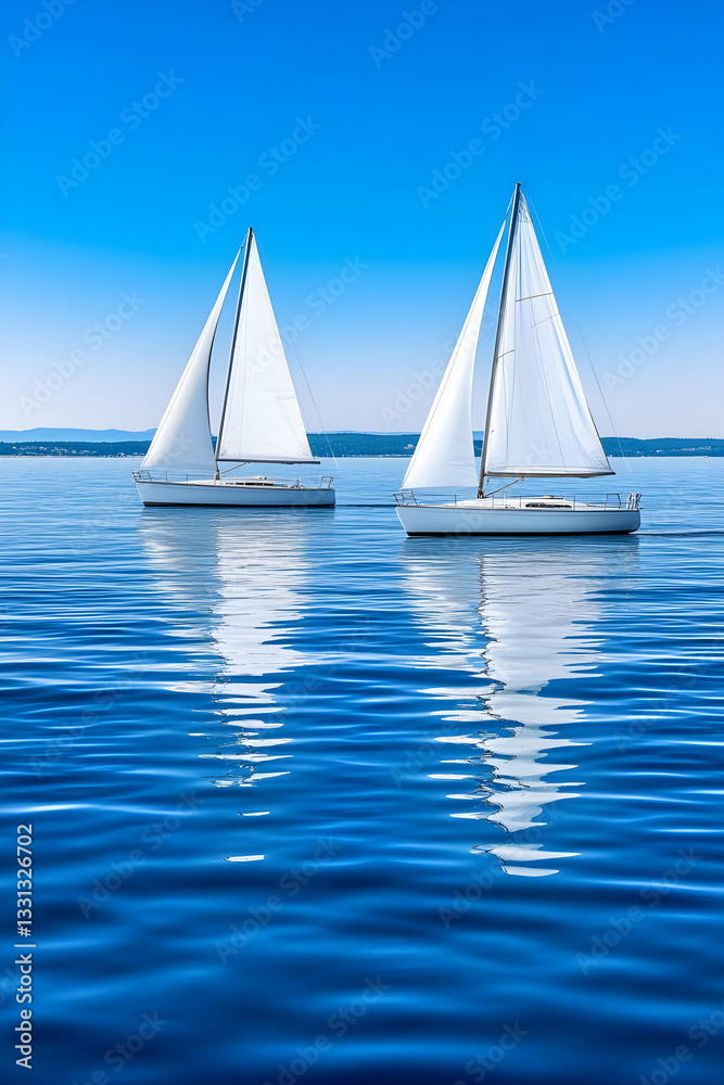 Obraz premium Two sailboats glide across a calm, azure sea under a vibrant blue sky, their white sails catching the sunlight, creating a serene and picturesque scene
