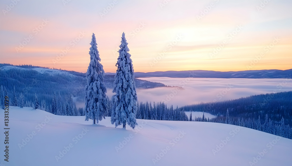 Obraz premium Two snow-covered evergreens stand atop a snowy hill overlooking a valley shrouded in fog at sunrise
