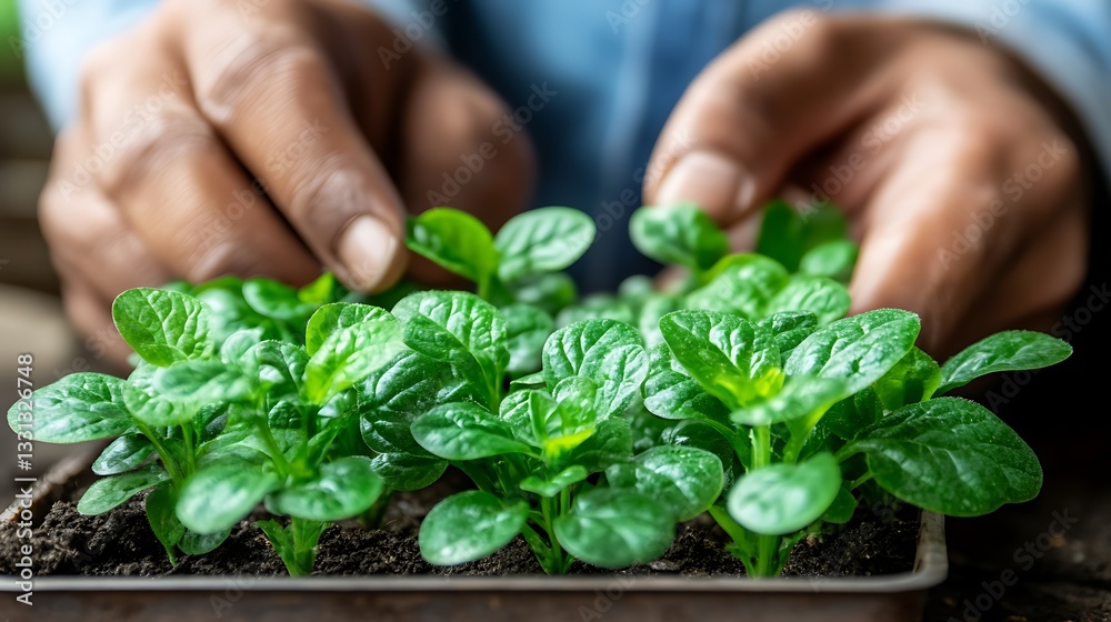 Hands gently tending vibrant green seedlings in a tray. Hands gently tending vibrant green seedlings in a tray.