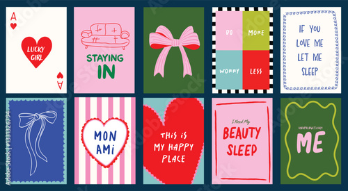 Abstract Lucky girl poster set aesthetic. Hand-drawn bows, girly things, cozy homebody, girly quotes. Vibrant doodle groovy art for wall decor, postcard, social media ads and banners. 