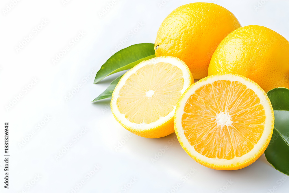 Two whole lemons and two lemon halves with leaves on white background Two whole lemons and two lemon halves with leaves on white background