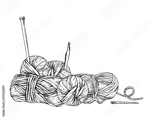 Skeins of knitting thread, balls of yarn with knitting needles and pins. Hobby knitting vector illustration. Hand drawing line art clipart for handmade product label, card. Isolated from background