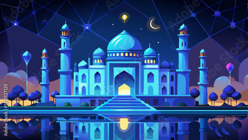 Taj Mahal Illuminated in Blue with Technology Network Reflecting on Water, Agra, India at Night