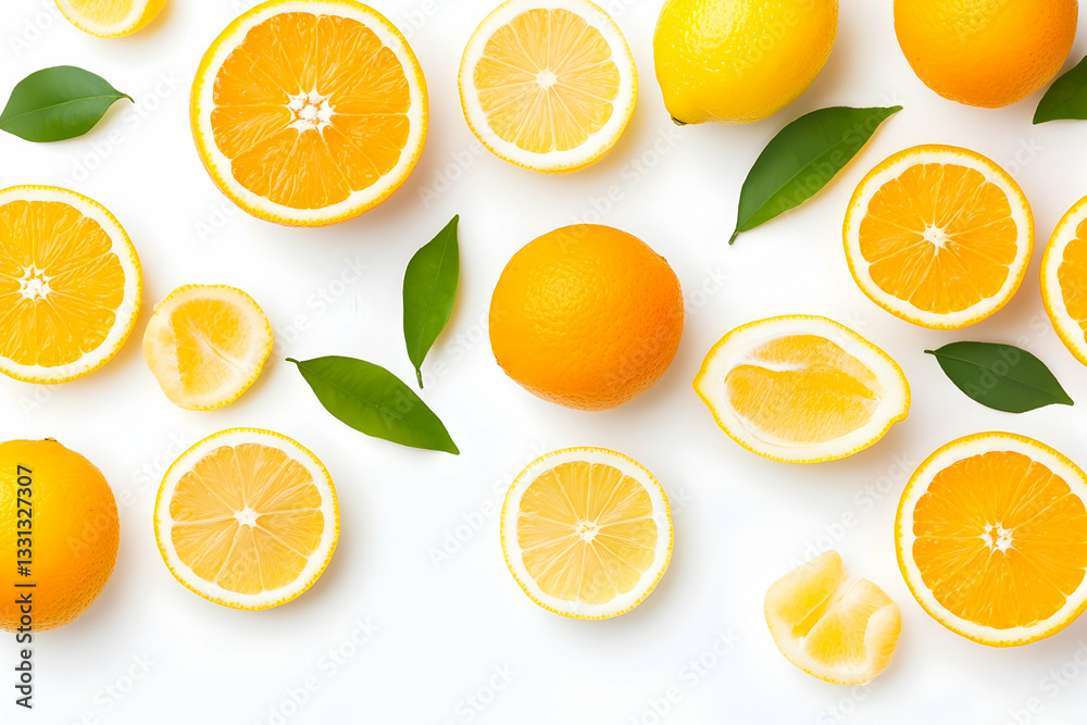 Obraz premium Vibrant citrus fruit halves & leaves scattered on white