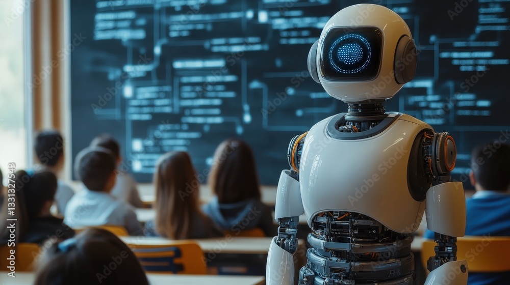 Futuristic Robot Teacher in Classroom AI Education Technology Modern School Futuristic Robot Teacher in Classroom AI Education Technology Modern School
