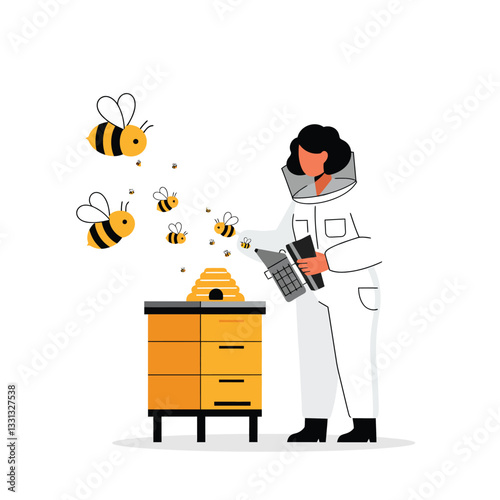 Beekeeper tending to hive with bees in a flat and colorful vector illustration