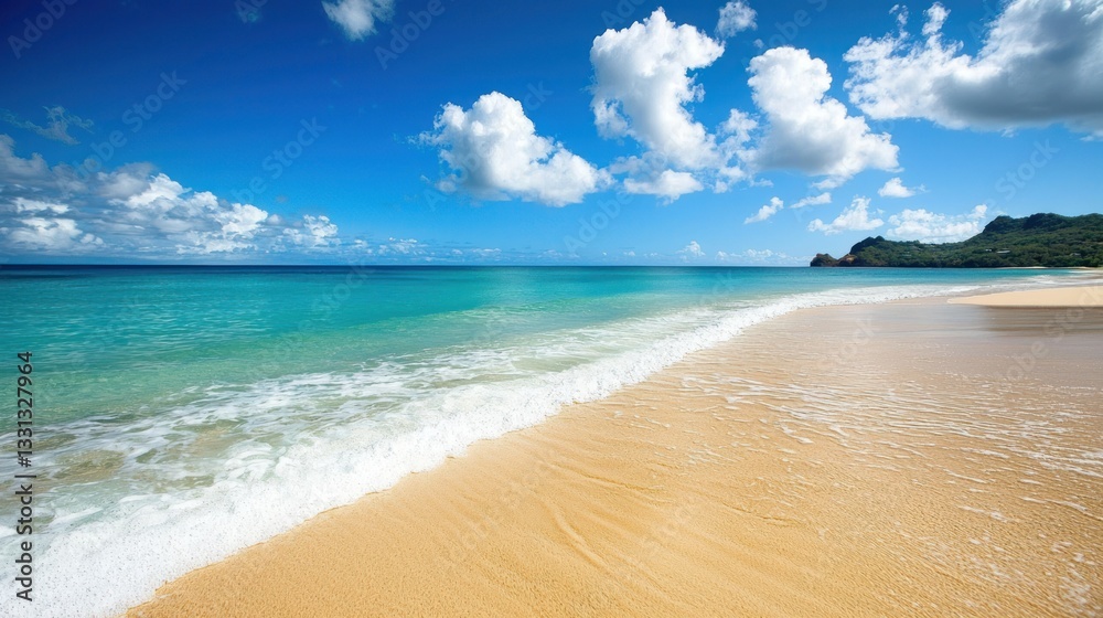 Obraz premium Idyllic Tropical Beach Scene: Azure Waters, Golden Sands, and a Cloud-Dappled Sky