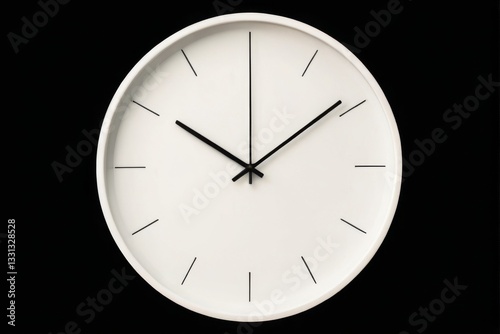 Minimalistic modern round wall clock with white face and black hands showing 12 o'clock time on black background.