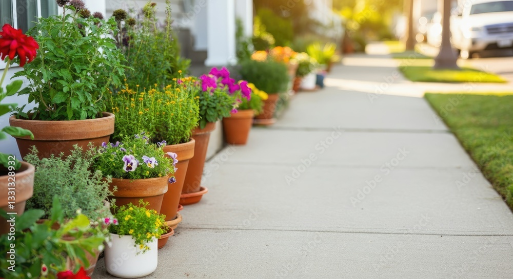 Naklejka premium Row of potted flowers along sunny sidewalk