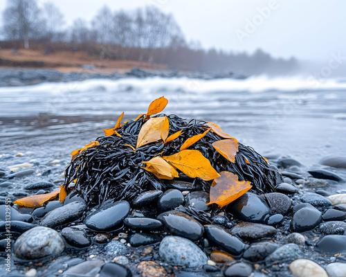 Wet dark seaweed with yellow leaves on dark pebbles near a misty ocean