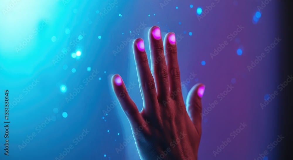 Hand with glowing fingertips in blue and purple light background, concept of futuristic technology
