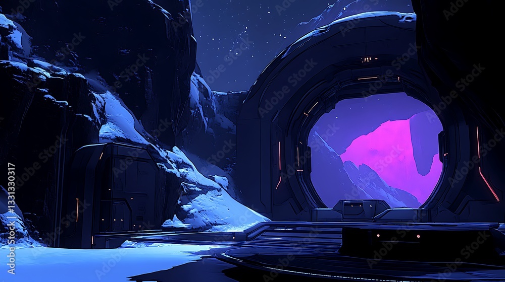 Futuristic portal in snowy alien canyon. Futuristic portal in snowy alien canyon.