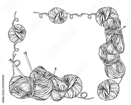 Skeins of knitting thread, balls of yarn with needles and pins rectangular frame. Vector line art hand drawing illustration. Hobby knitting template for handmade product label isolated from background