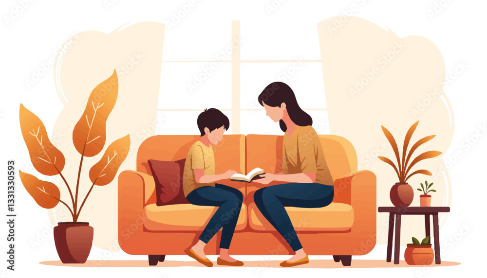 Fototapeta premium Father and child reading together in cozy nook, family bonding