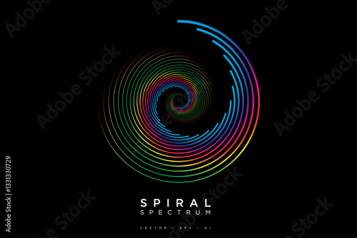 Multi-color spiral vortex on dark black background. Universe objects. Isolated vector illustration on dark background.	