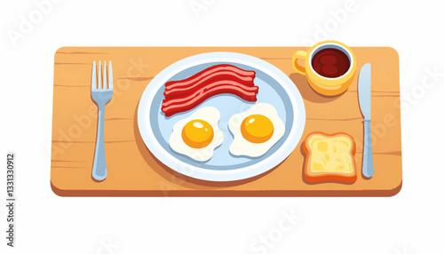 Breakfast table with sunny-side-up eggs and bacon, wholesome morning