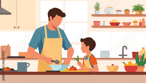 Father and son cooking together in modern kitchen, family bonding