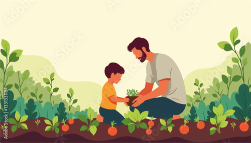 Father teaching son gardening basics in vegetable patch, nurturing growth