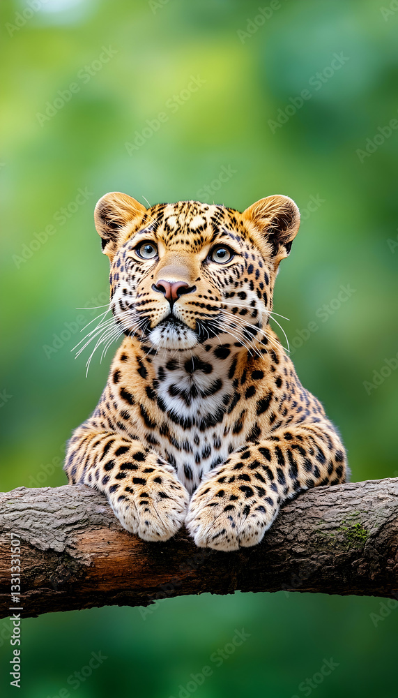 Fototapeta premium Young leopard rests on a branch, gazing upward against a blurred green backdrop