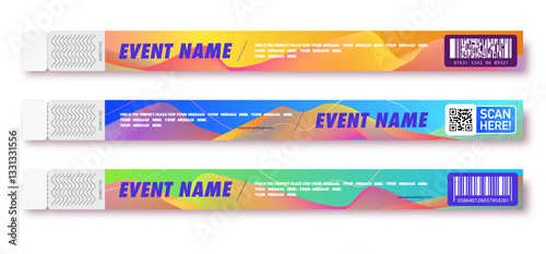 Bracelet event access different color for id fan zone or vip, party entrance, concert backstage identification, security checking, event. Mock up festival bracelet. Vector 10 eps