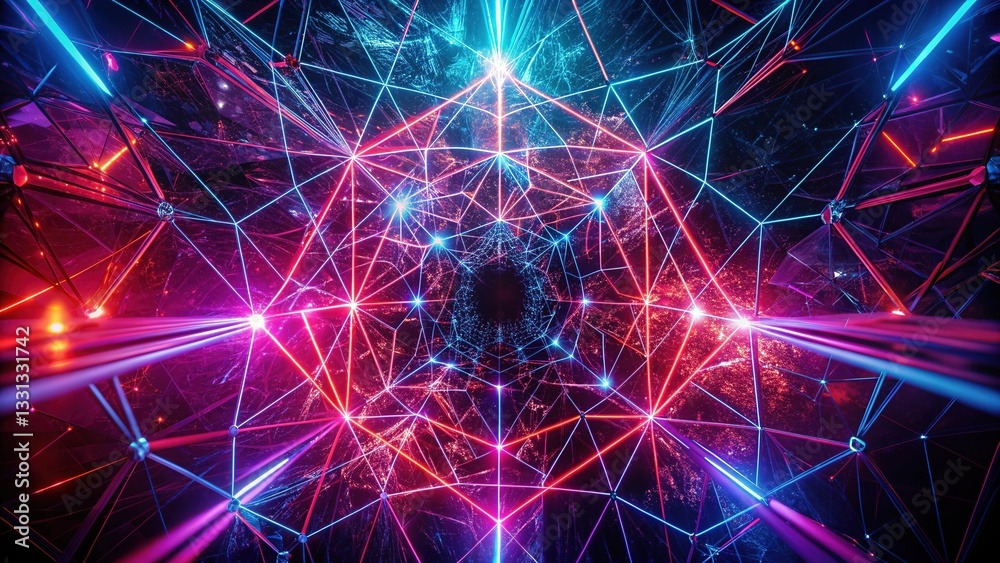 Fototapeta premium A Vibrant Cosmic Network Pulsating With Energy, A Mesmerizing Dance Of Red And Blue Light Beams Interwoven In A Geometric Pattern