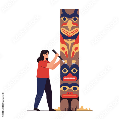 Woman carving intricate designs on a totem pole in flat vector art
