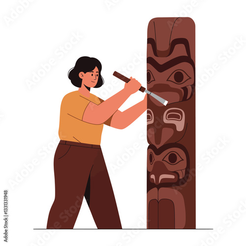 Artisan carving detailed totem pole in flat vector art style showcasing craftsmanship and tradition