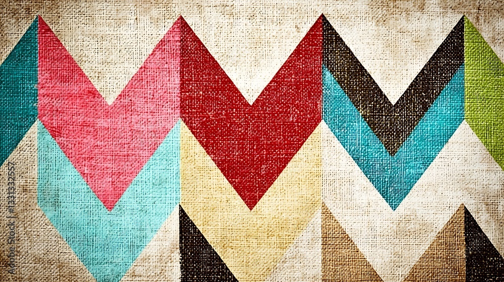 Colorful chevron pattern on textured linen, repeating design on beige backdrop, usable for textile