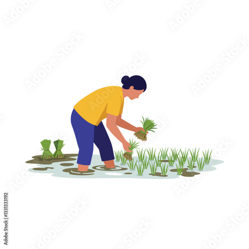 Person planting rice seedlings in water with minimal style vector art