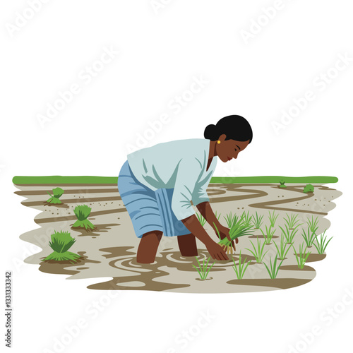 Woman planting rice in water with flat design style vector art