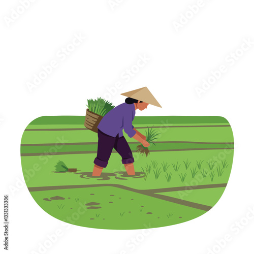 Farmer planting rice in lush green fields with flat vector art style vector illustration