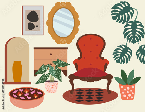 Cozy interior, room with armchair, rug, plants, mirror, mockup poster and other accessories, vector illustration