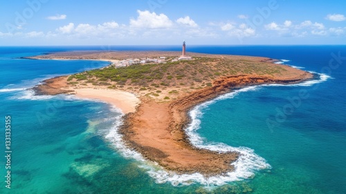Aerial View of a Secluded Island with Lighthouse, Turquoise Water and Sandy Beach
