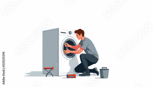 Dad fixing washing machine at home, fatherly diligence