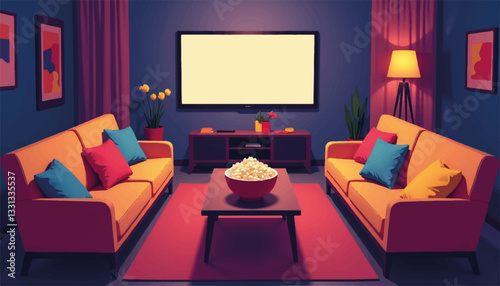 Cozy family movie night with colorful decor and warm ambiance, relaxation