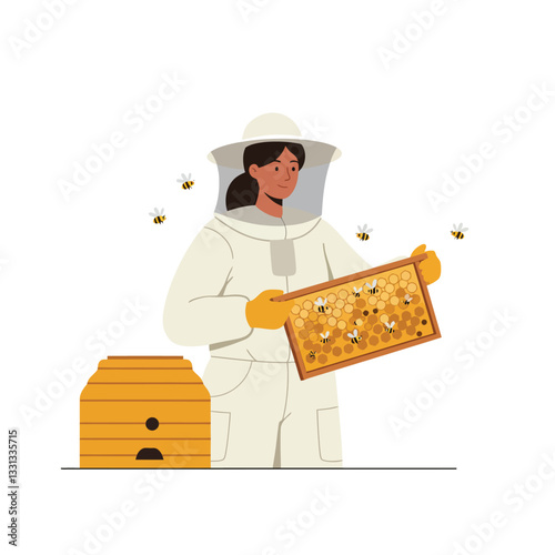 Beekeeper holding honeycomb frame in minimal style vector illustration