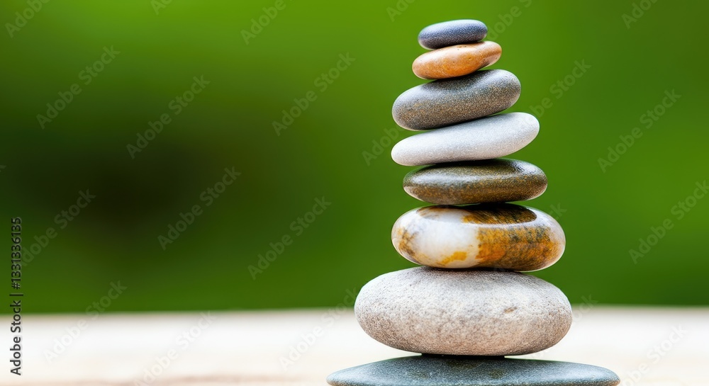 Obraz premium Balanced stack of smooth stones against green background