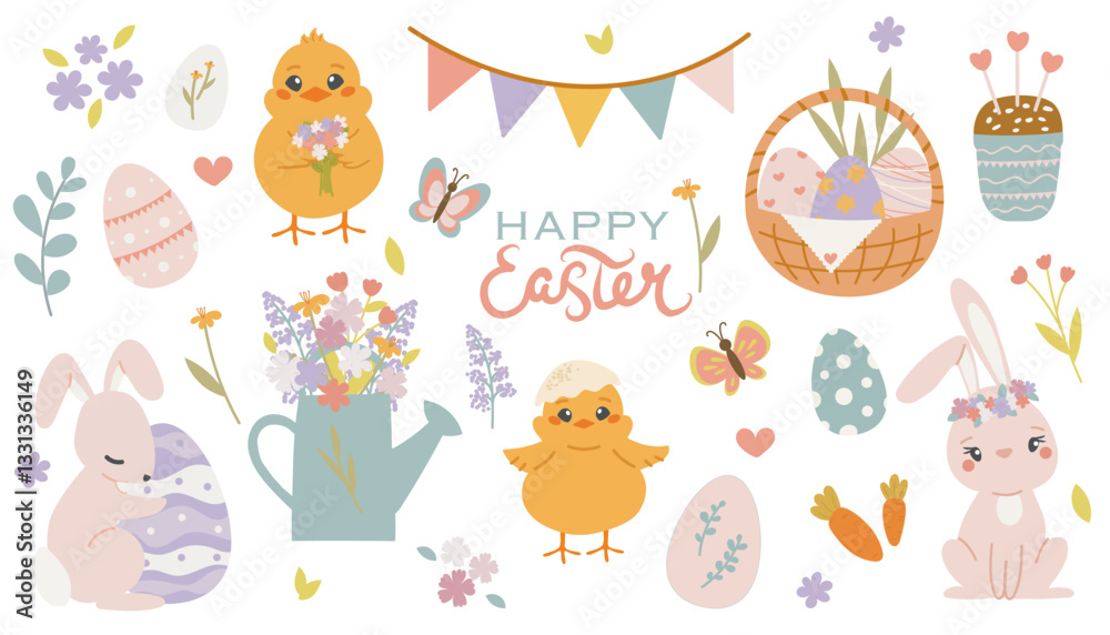 Set of flat vector illustrations in a childish style on the theme of Easter holidays. Cute bunnies with flowers, chicks, Easter eggs and plants, the inscription Happy Easter. Pastel colors Set of flat vector illustrations in a childish style on the theme of Easter holidays. Cute bunnies with flowers, chicks, Easter eggs and plants, the inscription Happy Easter. Pastel colors