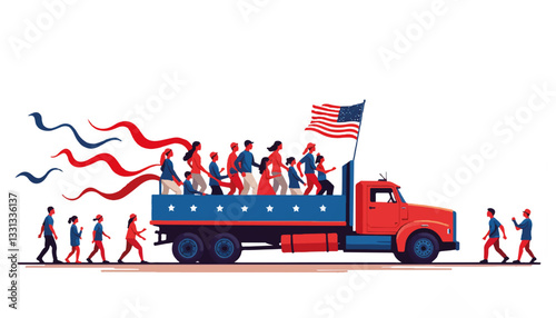 Celebratory Fourth of July parade float with vibrant colors, patriotism