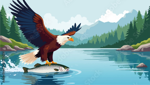 Bald eagle catching fish in serene lake, nature's majesty