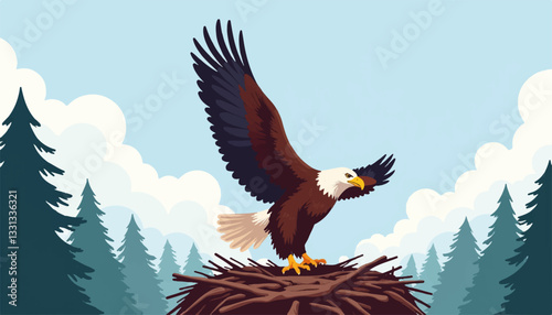 Bald eagle landing on a nest among treetops, wildlife symbolism
