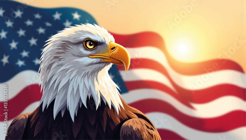 Majestic bald eagle soaring with American flag backdrop, patriotism